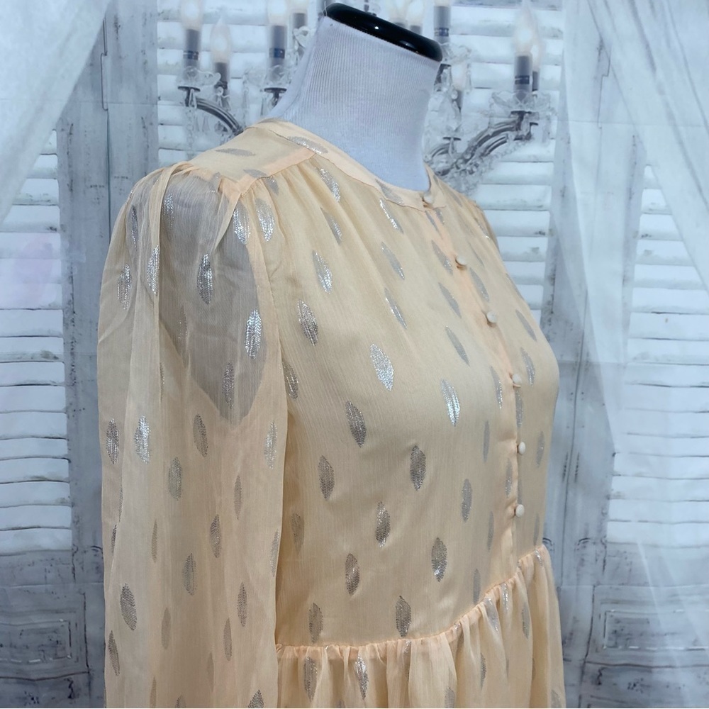 A Loves A Size Small Peach Silver Half Button Babydoll Mini Dress Long Sleeve - Picture 7 of 16